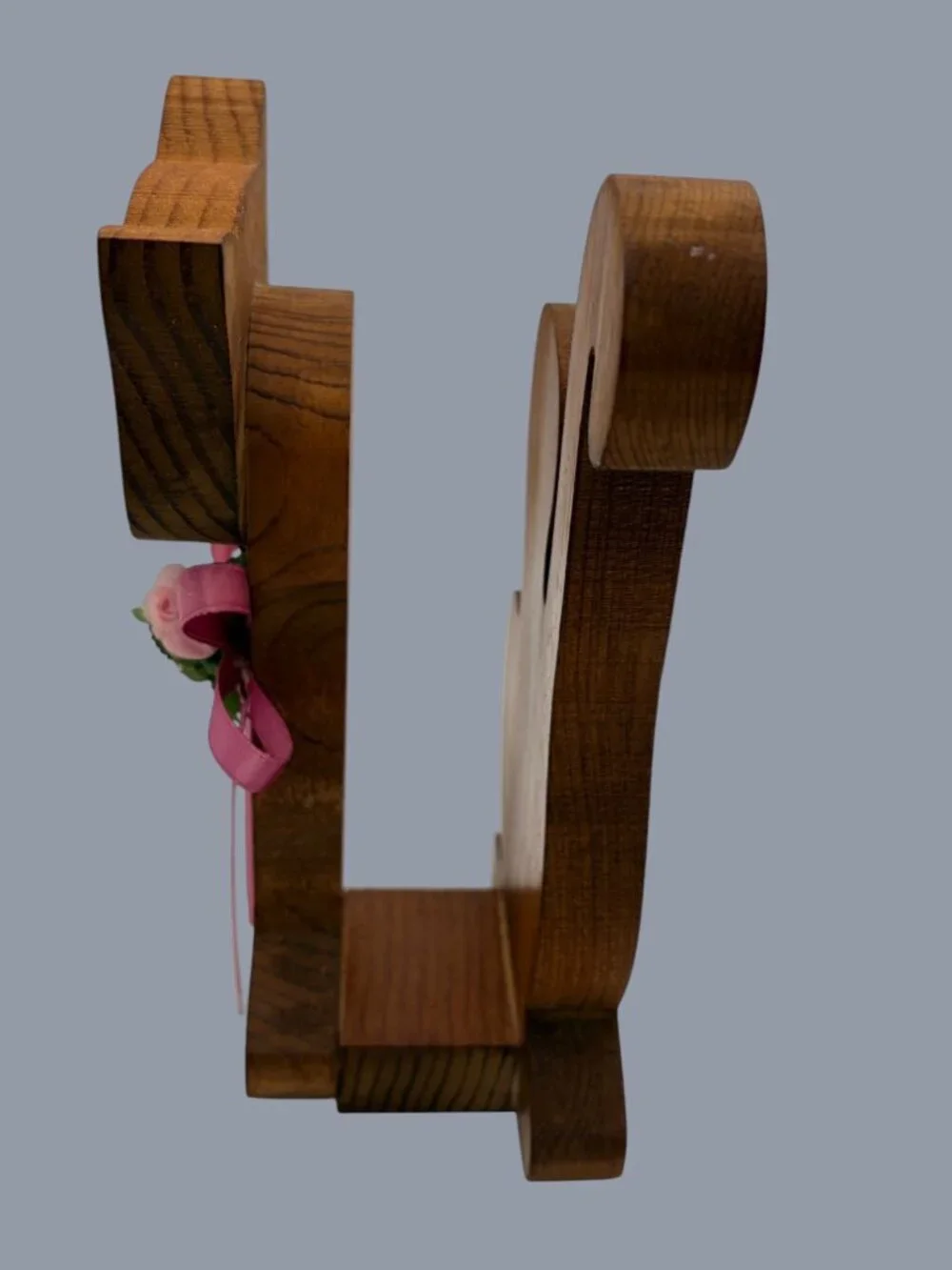Vintage Hand Carved Wooden Cat Napkin Holder w/ Pink Ribbon Floral Accent